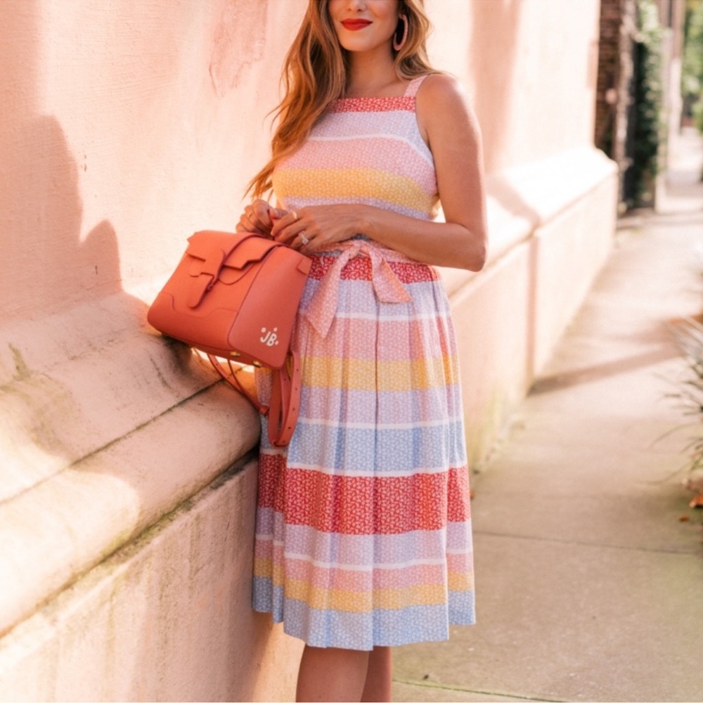 Gal Meets Glam Blake Linen Blend Striped Bow Tie Dress Pleated